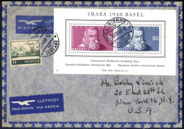 Cover 1948, Flugpost, Brief Von Biel - Bienne 26.8.1948 Nach New York Mit Imaba Block Und Zusatzfrankatur (Mi. Bl. 13) - Autres & Non Classés