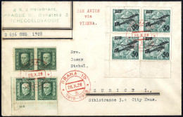 Cover 1928, Flugpost, Brief Von Prag 28.10.1928 über Wien Nach Zürich Mit Viererblock Mi. 199 + Zwei Paare 241 Frankiert - Autres & Non Classés