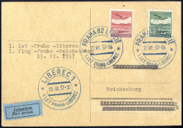 Cover 1937, Erstflug Prag - Liberec, Frankierte Karte Von Prag 15.6.1937 Und Erstflug Liberec - Prach, Frankierte Karte  - Autres & Non Classés