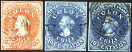 O 1857/61, 5 Und 10 Centavos, Drei Gestempelte Exemplare, Scott 9b, 10 +12 - Chile