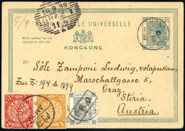 Cover 1899, Ganzsachenkarte Zu 1 C. Frankiert Mit Chinesischen Marken 1+2 C. Von Amoy Am 15.8. Und Mit Zusatzfrankatur H - Sonstige & Ohne Zuordnung
