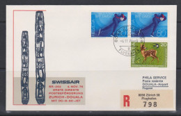 Suisse FDC 1976 Swissair Vol Zurich Douala Cameroun 1009 Faune Chevreuil Hirondelle Grenouille 1012 Patinage De Vitesse - FDC