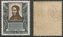 Repubblica 1953 Agostino Bassi Microbiologo Microbiologist L.25 MNH** - Filgrana WMK Lettere 100% A Sinistra - Collections