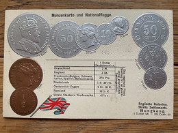 Straits Settlements Hong Kong, Coins And Flag On Postcard, Embossed / Relief / Gaufrée / Prägedruck, Unused - Monnaies (représentations)