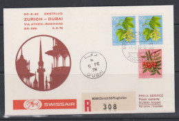 Suisse FDC 1976 Swissair Vol Zurich Dubai 996 Flore Sorbier Des Oiseleurs 998 Faux Platane En Fleurs - FDC