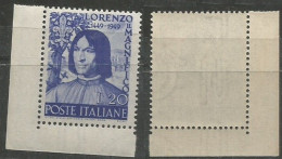 Filigrana Lettere CPL 100% A Dx + 5 Mm - Lorenzo Il Magnifico 1949 L.20 Nuovo ** Angolo Foglio - Collections