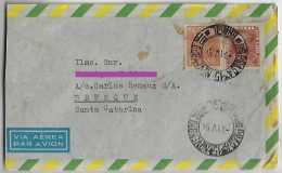 Brazil 1956 Cover From Rio De Janeiro 15 November Square Agency By Blumenau To Brusque 2 Definitive Stamp Caxias Wheat - Cartas & Documentos