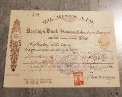 SOUTHERN RHODESIA BARCLAYS DOMINION BANK COLONIAL AND OVERSEAS NO.402 YEAR 1942 - Chèques & Chèques De Voyage
