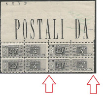 Pacchi Postali 1946 Ruota I° Destra Alta Lire 4 ** MNH - Blocco Di 4 Margine Foglio Integrale  - Dentellatura Spostata - Pacchi Postali