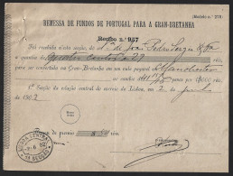 Obliteração 'Lisboa Central 1ª Secção 1902'. Recibo Remessa Fundos Portugal Para Grã-Bretanha. Obliteration Of 'Lisbon - Cartas & Documentos