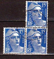 France-Marianne De Gandon 15F Outremer (type II) YT 886b Obl.X3 - 1945-54 Marianne (Gandon)