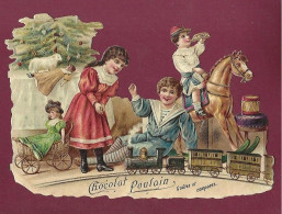 140124 - CHROMO IMAGE DECOUPI ANCIEN - NOEL Enfant Sapin Jouet Poupée Train électrique Solda Cheval CHOCOLAT POULAIN - Motivos De Navidad