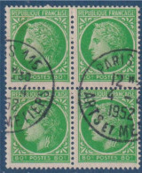 Bloc De 4 Timbres Type Cérès De Mazelin Oblitéré N°675 Le 80c Vert-jaune - 1945-47 Cérès Van Mazelin