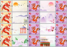 Hong Kong - 2024 - Lunar New Year Of The Dragon - Set Of 2 Mint Personalized Stamp Panes (local + Air Mail) - Neufs