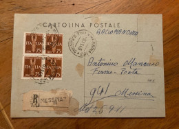 LUOGOTENENZA - POSTA AEREA 75 C. QUARTINA DA MESSINA PER CITTÀ RACCOMANDATA FERMO POSTA DEL 8/1/1945 - Marcophilie