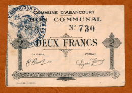 1914-1918 // Ville D'ABANCOURT (Aisne 02) // Bon COMMUNAL // Décembre 1915 // Deux Francs - Notgeld