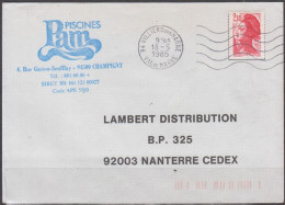 Piscines PAM   Sur Lettre Pub   De 94500 CHAMPIGNY  1985 Postée à 94 VILLIERS Sur MARNE  Avec Liberté Gandon 2.10F - Lettres & Documents