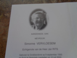 Doodsprentje/Bidprentje   Simonne VERVLOESEM   Grobbendonk 1930-2002 Herentals  (Echtg Jan RITS) - Religion & Esotérisme