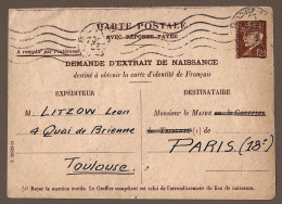 !!! ENTIER POSTAL 1 FRANC 20 PÉTAIN, DEMANDE D'EXTRAIT DE NAISSANCE, 1943 - 1941-42 Pétain