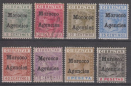 MAROC BUREAU ANGLAIS - 1898 - YVERT N°1/8 * MH + OBLITERES/USED - MIXTE SURCHARGE LONDRES ET LOCALE - Morocco Agencies / Tangier (...-1958)
