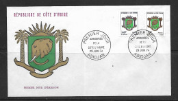 COTE D'IVOIRE 1974 FDC  ARMOIRIES  YVERT N°372/373 - Sobres