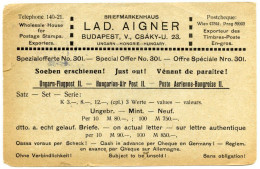 HUNGARY : AIGNER - STAMPS, TIMBRES - BUDAPEST, CSAKY-U. / AIR POST, 1920 / CONSETT, STANLEY, ELMFIELD RD. (CHARANCE) - Postal Stationery