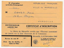 FRANCE - Certificat D'Inscription Sur Liste électorale Marseille 12/12/1960 - REFERENDUM Janvier 1961 - Defferre - Historical Documents