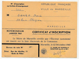 FRANCE - Certificat D'Inscription Sur Liste électorale Marseille 12/12/1960 - REFERENDUM Janvier 1961 - Defferre - Historische Documenten