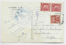 FRANCE MAZELIN 1FR PAIRE CARTE 5 MOTS MENTON 28.VIII.1947 POUR BEGLES TAXE 3FR GERBES - 1945-47 Cérès De Mazelin