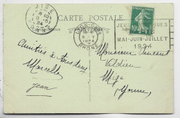 FRANCE SEMEUSE 10C VERT CARTE MEC FLIER JEUX OLYMPIQUES LYON GARE 6.V.1924 RHONE RARE - Estate 1924: Paris