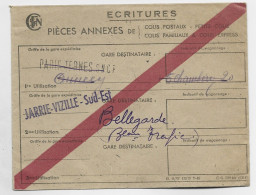 FRANCE LETTRE  COVER ECRITURES PIECES ANNEXE COLIS POSTAUX + GRIFFE PARIS TERNES SNCF JARRIE VIZILLE SUD EST BELLEGARDE - Lettres & Documents