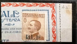 ITALIA REGNO B.L.P. BUSTE LETTERE POSTALI - SASS. 4A - 40c. Bruno Sopr Azzurro  Nera - Su Frammento BLP - BM Für Werbepost (BLP)