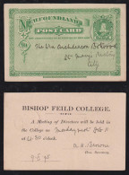 Canada Newfoundland 1895 Stationery Postcard Local Use ST JOHNS Private Imprint BISHOP FEILD COLLEGE - 1865-1902