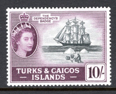 Turks & Caicos Islands 1957 QEII Pictorials - 10/- Badge Of The Dependency LHM (SG 250) - Turks And Caicos