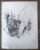 Dessin Original Sur Carton "Paysage De Montagne" - 1910 - Signé A.Querleux - Dibujos