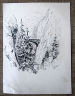 Dessin Original Sur Carton "Paysage De Montagne" - 1910 - Signé A.Querleux - Dessins