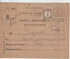 France 1935 Lettre Service Des Recouvrements Taxe 62 Oblit Paris - 1859-1959 Storia Postale