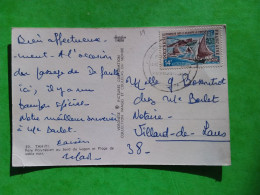 CARTE POSTALE TAHITI FARE TIMBRE N°39 + CACHET VISITE GÉNÉRAL DE GAULLE 8/9/1966 - Frans-Polynesië