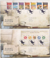 Harry Potter, 7 Film Series, J. K. Rowling, Novels, Magic School Hogwarts, OWL, Car, Train, Dragon, Britain 2x FDC 2007 - Cartas & Documentos