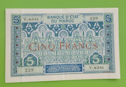 MAROC MOROCCO MARRUECOS MAROKKO BANQUE D'ETAT 5 FRANC 1924 AUNC - Morocco
