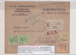 OCC. ANGLO-AMERICANA LETTERA RACCOMANDATA DA GESSO PER BARI 4-7-1944 - Anglo-american Occ.: Sicily