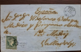 O) 1857 PORTO RICO - PONCE CANCELLATION, SPANISH COLONY,  QUEEN ISABELLA II Green,  CIRCULATED COVER TO VALLADOLID, XF - Porto Rico