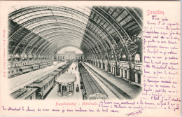 Dresden Hauptbahnhof, Mittelhalle (viele Züge) (Bahnpoststempel: Leipzig-Riesa-Dresden 1901) - Dresden