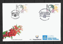 RARE 2021 Joint Uruguay And Brazil, MIXED FDC WITH BOTH STAMPS: Anita Garibaldi, - Joint Issues