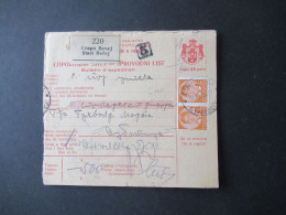 Jugoslawien 1938 König Peter MeF Paketkarte Stempel Und Zettel Stari Becej Rückseitig Weitere Stempel - Cartas & Documentos