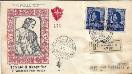 Fdc Venetia/Trieste: LORENZO IL MAGNIFICO (1949) Raccomandata - Marcophilie