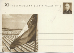 GYMNASTIQUE XI VSESOKOLSKY PRAGUE TCHECOSLOVAQUIE 1948 -ENTIER POSTAL STADE, ATHLETE, DRAPEAU, VOIR LE SCANNER - Gymnastik