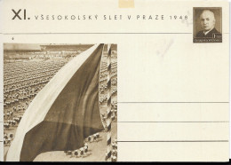 GYMNASTIQUE XI VSESOKOLSKY PRAGUE TCHECOSLOVAQUIE 1948 -ENTIER POSTAL STADE, ATHLETE, DRAPEAU, VOIR LE SCANNER - Gymnastik