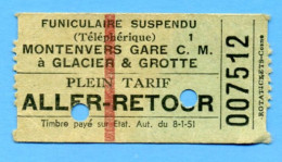 Ticket Montenvers Chamonix - Aller Retour - 1951- Funiculaire Mer De Glace - Autres & Non Classés