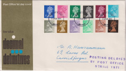 1971 Grossbritannien >FDC Mi:GB 561C-572C, Yt:GB 616, Königin Elisabeth II. - Dezimal Machin - Normale Zähnung, - 1971-80 Ediciones Decimal